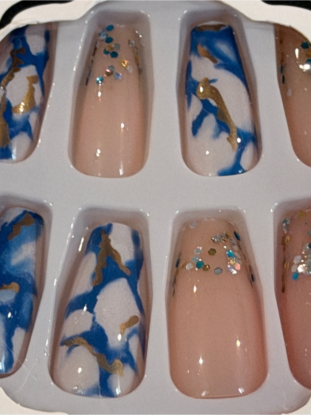 Blue Marble Gold Foil Press On Nails Nude Glitter Coffin Nail Set